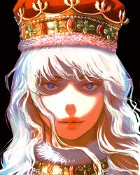 Rule 34 | 1boy, androgynous, berserk, black background, blue eyes, close-up, closed mouth, corrupted twitter file, crown, curly hair, dark background, griffith (berserk), highres, long hair, looking at viewer, male focus, nisino2222, shaded face, slit pupils, solo, wavy hair, white hair