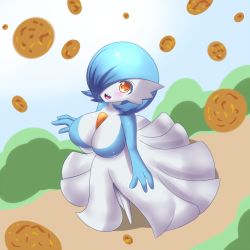 Rule 34 | 1girl, alternate color, blue hair, bob cut, breasts, cleavage, cookie, creatures (company), female focus, food, foreshortening, game freak, gardevoir, gen 3 pokemon, hair over one eye, highres, jcdr, large breasts, lucy (jcdr), nintendo, open mouth, orange eyes, pokemon, pokemon (creature), shiny pokemon, short hair, smile, solo