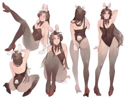 Rule 34 | 1girl, absurdres, animal ears, arm behind head, arm up, artist name, ass, back, bare shoulders, bbybluemochi, black bow, black leotard, blue eyes, blush, bow, breasts, brown hair, cleavage, closed eyes, commentary, contrapposto, detached collar, drop earrings, earrings, english commentary, fake animal ears, fake tail, from behind, full body, genderswap, genderswap (mtf), gloves, groin, hair over shoulder, high heels, highres, jewelry, large breasts, leg up, leotard, lips, long hair, looking at viewer, multiple views, pantyhose, parted lips, playboy bunny, rabbit ears, rabbit tail, red footwear, seductive smile, see-through, signature, simple background, sitting, light smile, smile, standing, straight-on, strapless, strapless leotard, tail, thick thighs, thighs, tianguan cifu, wariza, white background, white gloves, xie lian
