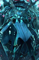 Rule 34 | 10s, 1girl, a5125924, abyssal ship, bad id, bad pixiv id, bodysuit, echj, glowing, glowing eyes, highres, kantai collection, open mouth, pale skin, red eyes, smile, solo, standing, teeth, underwater, weapon, wo-class aircraft carrier, yellow eyes