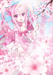 Rule 34 | 1girl, breasts, cherry blossoms, cleavage, day, happy, highres, horns, milcona, musical note, original, pink eyes, pink hair, quaver, sky, solo, thighhighs, twintails
