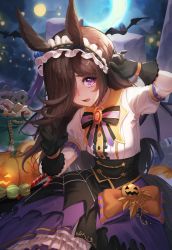 Rule 34 | 1girl, absurdres, animal ears, bat (animal), black gloves, blush, brown hair, corset, crescent moon, fang, frilled hairband, frills, gloves, hair over one eye, hairband, halloween, highres, horse ears, horse girl, horse tail, looking at viewer, moon, netural, night, night sky, open mouth, puffy short sleeves, puffy sleeves, purple eyes, purple skirt, rice shower (make up vampire!) (umamusume), rice shower (umamusume), short sleeves, skirt, sky, tail, tears, umamusume