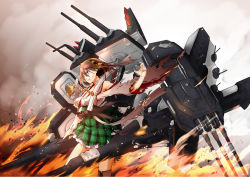 Rule 34 | 10s, bare shoulders, big.g, blood, blue eyes, blush, boots, breasts, brown hair, cannon, damaged, detached sleeves, fire, hairband, headgear, hiei (kancolle), japanese clothes, kantai collection, long hair, missile, personification, short hair, skirt, torn clothes, turret