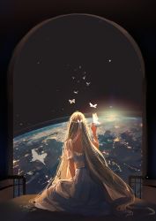 Rule 34 | 1girl, arch, arm up, back, backlighting, bad id, bad pixiv id, blonde hair, blue skirt, bug, butterfly, chinese commentary, commentary request, earth (planet), facing away, frills, from behind, hair ornament, highres, insect, long hair, original, planet, rokku, scenery, sitting, skirt, solo, space, star (sky), sunlight, very long hair