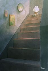 Rule 34 | ayu (mog), rabbit, indoors, looking at viewer, no humans, original, painting (object), signature, sitting, stairs