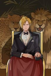 Rule 34 | 1boy, animal, ash lynx, banana fish, black bow, black bowtie, black suit, blonde hair, blue eyes, bow, bowtie, chair, earrings, formal, highres, jewelry, leopard, lion, looking at viewer, male focus, pocket square, sitting, solo, stud earrings, suit, xiaochong