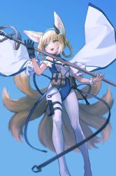 Rule 34 | 1girl, :d, animal ears, arknights, black bag, black gloves, blonde hair, blue background, blue hairband, braid, cape, earpiece, fox ears, fox girl, fox tail, g141, gloves, green eyes, hairband, holding, holding staff, kitsune, kyuubi, long hair, multiple tails, open mouth, pantyhose, pouch, single braid, smile, solo, staff, standing, suzuran (arknights), tail, thigh pouch, torn clothes, torn pantyhose, white cape, white hair, white pantyhose, white wrist cuffs, wrist cuffs