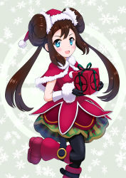 Rule 34 | 1girl, :d, absurdres, belt, black gloves, black pantyhose, blue eyes, blush, boots, box, brown hair, bubble skirt, capelet, commentary request, creatures (company), double bun, dress, fur-trimmed capelet, fur-trimmed gloves, fur trim, game freak, gift, gift box, gloves, green background, hair bun, hat, highres, holding, holding gift, layered dress, long hair, looking at viewer, nintendo, official alternate costume, open mouth, pantyhose, pantyhose under shorts, poke ball print, poke ball symbol, pokemon, pokemon masters ex, red capelet, red dress, red footwear, rosa (holiday 2019) (pokemon), rosa (pokemon), santa costume, santa hat, shorts, simple background, skirt, smile, snowflake background, solo, standing, standing on one leg, taka mimizuku, twintails, very long hair