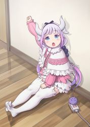 Rule 34 | 1girl, against wall, arm up, black hairband, blue eyes, blunt bangs, blush, capelet, commentary request, dragon girl, dragon horns, electric plug, full body, gradient hair, hair bobbles, hair ornament, hairband, highres, horns, kanna kamui, kobayashi-san chi no maidragon, kobu ride, long hair, looking at viewer, low twintails, multicolored hair, on floor, open mouth, power strip, purple hair, sitting, solo, tail, thighhighs, twintails, wall, white thighhighs