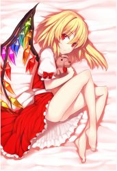 Rule 34 | 1girl, bad id, bad twitter id, bare legs, barefoot, bed sheet, blonde hair, bow, feet, flandre scarlet, frilled skirt, frills, full body, kaiza (rider000), legs, looking at viewer, lying, on side, puffy short sleeves, puffy sleeves, red bow, red eyes, red skirt, short sleeves, side ponytail, skirt, skirt set, solo, stuffed animal, stuffed toy, teddy bear, touhou, vest, wings