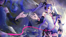Rule 34 | 1girl, :o, alternate hair color, blue hair, bodysuit, broken glass, cable, choker, clone, cowboy shot, detached sleeves, digital dissolve, dissolving clothes, glass, hair between eyes, hatsune miku, long hair, mirror, purple hair, red eyes, reflection, shouin, solo, standing, thighhighs, torn clothes, torn sleeves, twintails, very long hair, vocaloid
