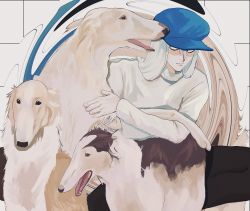 Rule 34 | 1boy, dog, hat, highres, hunter x hunter, kite (hunter x hunter), long hair, long sleeves, looking at another, male focus, miko hxh, shirt, smile, solo, white hair, white shirt