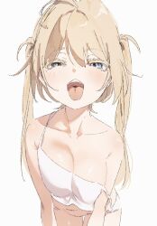 Rule 34 | 1girl, ahoge, blonde hair, blue eyes, blush, breasts, cleavage, collarbone, colored eyelashes, female focus, highres, leaning forward, looking at viewer, medium breasts, navel, open mouth, original, panties, simple background, solo, strap slip, tongue, tongue out, twintails, underwear, usurai rairai, white background