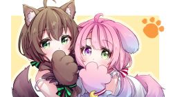 Rule 34 | 2girls, animal hands, blush, cat girl, cat tail, covering own mouth, cowlick, dog girl, dog tail, gloves, green eyes, hair between eyes, hand over own mouth, heterochromia, highres, himemori luna, himemori luna (1st costume), hololive, kemonomimi mode, meru corone, multiple girls, natsuiro matsuri, paw gloves, pink hair, purple eyes, tail, twintails, virtual youtuber