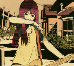Rule 34 | 1girl, album cover, bicycle, bush, color halftone, cover, covered mouth, covering own mouth, cowboy shot, electric guitar, fender telecaster, guitar, hand up, highres, house, instrument, looking at viewer, loose clothes, loose shirt, non-web source, official art, power lines, purple hair, red hair, scan, screentones, shirt, solo, soutaisei riron (band), tsurumaki kazuya, yakushimaru etsuko