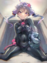 Rule 34 | 1girl, ahoge, asumo arare, bodysuit, breasts, commentary request, covered navel, frown, hair ornament, highres, latex, latex bodysuit, long hair, medium breasts, pointing, pointing at viewer, pov, purple eyes, purple hair, shiny clothes, skin tight, solo, straddling, voiceroid, yuzuki yukari