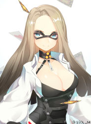Rule 34 | 1girl, bad id, bad pixiv id, blonde hair, blue eyes, breasts, card, cleavage, closers, collarbone, collared shirt, corset, harpy (closers), large breasts, light smile, long hair, long sleeves, looking at viewer, shirt, simple background, solo, ss0l (skghek), twitter username, upper body, white background, white shirt
