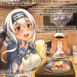 Rule 34 | 10s, 1girl, :d, admiral (kancolle), ainu, ainu clothes, alcohol, animal, beer, beer mug, blue eyes, blue headband, breasts, colored pencil (medium), commentary request, cup, dated, folded ponytail, hamster, harley davidson, headband, kamoi (kancolle), kantai collection, kirisawa juuzou, large breasts, logo, long hair, mug, non-human admiral (kancolle), numbered, open mouth, smile, traditional media, translation request, twitter username, white hair