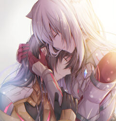 Rule 34 | 1boy, 1girl, animal ears, armor, black gloves, black hair, cat ears, chest jewel, closed eyes, closed mouth, commentary request, gem, gloves, grey hair, hands on another&#039;s head, hetero, highres, hug, long hair, m (xenoblade), n (xenoblade), profile, red gloves, smile, ui frara, very long hair, white background, xenoblade chronicles (series), xenoblade chronicles 3