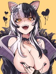 Rule 34 | 1girl, absurdres, animal ears, areola slip, black choker, black hair, black nails, breasts, cat ears, choker, coat, coubalty, covering nipples, covering privates, heart, highres, hololive, hololive english, jacket, large breasts, long hair, looking at viewer, multicolored hair, nail polish, shiori novella, shiori novella (1st costume), smile, solo, split-color hair, two-tone hair, virtual youtuber, white hair, yellow eyes