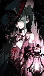 Rule 34 | 1girl, absurdres, aqua eyes, aqua hair, bare shoulders, black background, black dress, black hat, collared dress, commentary request, cross, cross earrings, detached sleeves, dress, earrings, gloves, gradient hair, hand up, hat, hatsune miku, highres, index finger raised, jewelry, jiu ye sang, long sleeves, looking at viewer, multicolored hair, number tattoo, partially fingerless gloves, pink hair, solo, tattoo, twintails, upper body, vocaloid
