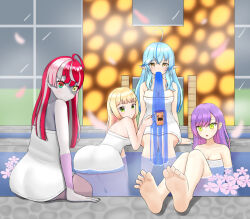 Rule 34 | 4girls, ahoge, armpit crease, ass, barefoot, bath, blonde hair, blue hair, blunt ends, breasts, closed mouth, colored skin, commentary request, crossed bangs, cup, feet, feet up, flower, foreshortening, from behind, green eyes, grey hair, grey skin, heart, heart ahoge, heterochromia, highres, holding, holding cup, hololive, hololive indonesia, indoors, knees up, kureiji ollie, large breasts, legs, looking at viewer, looking back, medium breasts, momosuzu nene, mug, multicolored hair, multiple girls, naked towel, parted bangs, partially submerged, patchwork skin, pointy ears, purple hair, red eyes, sidelocks, sitting, soaking feet, soles, stitched arm, stitched face, stitched torso, stitches, streaked hair, swept bangs, tamagotozi3420, toes, tokoyami towa, towel, virtual youtuber, water, white towel, yellow eyes, yukihana lamy