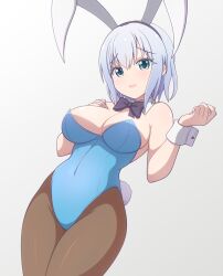 Rule 34 | 1girl, animal ears, aqua eyes, bang dream!, bare shoulders, black bow, black bowtie, black hairband, blue leotard, bow, bowtie, breasts, brown pantyhose, cleavage, covered navel, cowboy shot, detached collar, dutch angle, fake animal ears, fake tail, gradient background, grey background, grey hair, groin, hair between eyes, hairband, hand on own chest, hands up, highres, kurata mashiro, large breasts, leotard, looking at viewer, medium hair, pantyhose, parted lips, playboy bunny, rabbit ears, rabbit tail, raised eyebrows, ren 0 (044ren), solo, standing, strapless, strapless leotard, tail, wrist cuffs