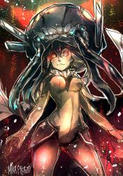 Rule 34 | 10s, 1girl, abyssal ship, bodysuit, cape, gloves, glowing, glowing eyes, hat, kantai collection, long hair, looking at viewer, mika pikazo, pale skin, silver hair, solo, wo-class aircraft carrier, yellow eyes