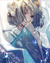 Rule 34 | 1girl, blue eyes, blue hair, commentary, fins, head fins, highres, japanese clothes, kimono, long sleeves, one-hour drawing challenge, parted lips, shi chimi, short hair, solo, touhou, wakasagihime, wide sleeves