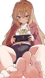 Rule 34 | 1girl, :&lt;, aisaka taiga, animal print, barefoot, black shorts, blush, brown hair, commentary request, double-parted bangs, feet, foot focus, foreshortening, frown, glaring, hair between eyes, handheld game console, highres, holding, holding handheld game console, jacket, jitome, long hair, long sleeves, looking at viewer, navel, nintendo switch, open clothes, open jacket, orobou, paid reward available, print shirt, red eyes, red jacket, shirt, shorts, sidelocks, simple background, sitting, soles, solo, tiger print, toes, toradora!, v-shaped eyebrows, very long hair, wavy hair, white background, white shirt