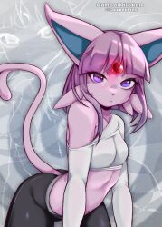 Rule 34 | 1girl, :&lt;, @ @, animal ears, animal nose, arched back, artist name, black pants, blunt bangs, body fur, breasts, closed mouth, clothing cutout, coffeechicken, collarbone, cowboy shot, creatures (company), crop top, espeon, female focus, forehead jewel, forked tail, furry, furry female, game freak, gem, gen 2 pokemon, glowing, grey background, grey shirt, highres, leaning forward, long sleeves, looking at viewer, medium hair, midriff, navel, nintendo, off-shoulder shirt, off shoulder, pants, personification, pokemon, pokemon (creature), purple eyes, purple fur, purple hair, red gemstone, shirt, single bare shoulder, small breasts, solo, standing, tail, tail raised, tail through clothes, twitter username, watermark
