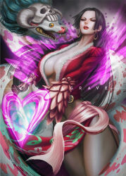 Rule 34 | 1girl, black hair, blue eyes, boa hancock, breasts, cleavage, crop top, cropped jacket, devil fruit power, dress, earrings, feathers, fur trim, heart, jewelry, large breasts, long hair, looking at viewer, one piece, pet, pink sash, red lips, salome (one piece), sash, skull on head, snake, snake earrings, solo, very long hair, vinrylgrave