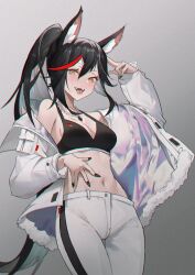 Rule 34 | 1girl, animal ear fluff, animal ears, arm up, black bra, black hair, black nails, bra, breasts, commentary request, cowboy shot, gradient background, grey background, highres, jacket, jewelry, long hair, long sleeves, looking at viewer, maipianvale, medium breasts, midriff, multicolored hair, navel, necklace, off shoulder, open clothes, open jacket, open mouth, original, pants, ponytail, red hair, simple background, smile, solo, streaked hair, tongue, tongue out, underwear, white jacket, white pants, yellow eyes