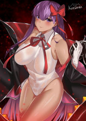 Rule 34 | 1girl, artist logo, bb (fate), bb (fate) (all), bb (swimsuit mooncancer) (fate), bb (swimsuit mooncancer) (third ascension) (fate), black background, black cape, bow, breasts, cape, commentary request, cowboy shot, fate/grand order, fate (series), gloves, hair bow, highleg, highleg leotard, highres, kurozawa yui, large breasts, leotard, long hair, looking at viewer, popped collar, purple eyes, purple hair, red bow, red ribbon, ribbon, solo, tan, white gloves, white leotard