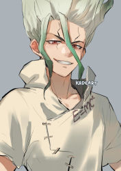 Rule 34 | 1boy, artist name, big hair, brown eyes, dr. stone, facial mark, gradient hair, green hair, grey background, grin, hair between eyes, ishigami senkuu, kadeart, looking at viewer, male focus, multicolored hair, popped collar, short sleeves, simple background, smile, solo, upper body