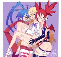 Rule 34 | 1boy, 2girls, angel wings, antenna hair, ass, belt buckle, bisexual female, blonde hair, blue bow, blue eyes, blue hair, blue ribbon, bottomless, bow, buckle, cum, cum in pussy, cum overflow, demon girl, demon tail, demon wings, dildo, disgaea, double penetration, earrings, etna (disgaea), fang, ffm threesome, flat chest, flonne, frills, gloves, group sex, hair tie, half-closed eyes, highres, jewelry, laharl, long hair, mad mex, multiple girls, open mouth, panties, pointy ears, purple background, red eyes, red hair, red scarf, red shorts, ribbon, scarf, sex, sex toy, shoes, shorts, signature, simple background, skin fang, skull earrings, smile, standing, standing sex, steam, strap-on, tail, thighhighs, threesome, tongue, tongue out, twintails, underwear, very long hair, white footwear, white panties, wings, wristband