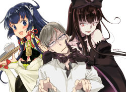 Rule 34 | 1boy, 2girls, abyssal ship, admiral (kancolle), ahoge, anger vein, annoyed, bare shoulders, black bow, black hair, blue eyes, blue hair, bow, breasts, cheek poking, claws, cleavage, collar, comic, dark persona, detached sleeves, gauntlets, glasses, hair bow, hair tubes, kantai collection, looking at another, mizuho (kancolle), multiple girls, over-rim eyewear, poking, r-king, red bow, red eyes, rice, seaplane tender princess, semi-rimless eyewear, simple background, smile, tray, tsurime, twitter username, white background