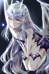 Rule 34 | 1girl, bare shoulders, between legs, blush, breasts, dragon girl, dragon wings, dress, expressionless, fate/grand order, fate (series), forked eyebrows, hand between legs, highres, horns, long hair, looking at viewer, melusine (fate), melusine (final ascension) (fate), parted lips, revealing clothes, see-through, see-through dress, seiza, sitting, small breasts, solo, v arms, very long hair, white dress, white hair, wings, yamuimo, yellow eyes