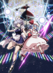 Rule 34 | 3girls, ahoge, apron, between fingers, black footwear, blue eyes, blue hair, bow, braid, breasts, danmaku, dress, fang, footwear bow, frilled apron, frills, green bow, hair bow, hat, hat ribbon, holding, holding hands, holding knife, izayoi sakuya, knife, knives between fingers, long hair, looking at viewer, lunamoon, maid apron, maid headdress, medium breasts, mob cap, moon, multicolored clothes, multiple girls, night, night sky, open mouth, petticoat, puffy short sleeves, puffy sleeves, red eyes, red ribbon, remilia scarlet, ribbon, shoes, short hair, short sleeves, sky, small breasts, smile, spear the gungnir, star (sky), starry sky, touhou, twin braids, very long hair, white footwear, white hair, yagokoro eirin