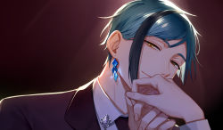 Rule 34 | 13 (bbr584607091), 1boy, aqua hair, asymmetrical hair, backlighting, black hair, black jacket, brown background, closed mouth, collared shirt, earrings, eyelashes, fingernails, floyd leech, formal, glowing, hair behind ear, half-closed eyes, hand up, head tilt, heterochromia, holding hands, jacket, jewelry, kiss, kissing hand, light particles, looking at viewer, male focus, multicolored hair, necktie, out of frame, pov, pov hands, shirt, short hair, smile, solo focus, streaked hair, suit, twisted wonderland, two-tone hair, white shirt, yellow eyes