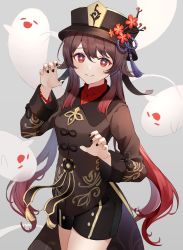 Rule 34 | 1girl, black hat, brown hair, fingernails, flower, genshin impact, ghost, gradient hair, grey background, hat, highres, hu tao (genshin impact), long hair, long sleeves, looking at viewer, multicolored hair, plum blossoms, red eyes, red hair, simple background, solo, usamochi., white hat