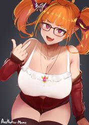 Rule 34 | 1girl, :d, aestheticc-meme, ahoge, artist name, bare shoulders, blonde hair, blunt bangs, bow, breasts, cleavage, detached sleeves, diagonal-striped bow, fang, glasses, hair intakes, highres, hololive, horn ornament, horns, jewelry, kiryu coco, kiryu coco (loungewear), large breasts, light blush, long hair, middle finger, multicolored hair, necklace, official alternate costume, open mouth, pointy ears, red eyes, see-through, shirt, simple background, skin fang, smile, solo, streaked hair, striped, thighhighs, twintails, v-shaped eyebrows, virtual youtuber, white shirt