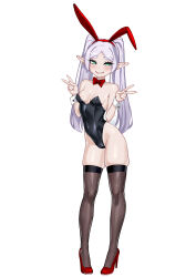 Rule 34 | 1girl, alternate costume, animal ear hairband, animal ears, areola slip, bare shoulders, bow, bowtie, breasts, brown thighhighs, cameltoe, cleft of venus, covered navel, detached collar, double v, earrings, elf, eyelashes, fake animal ears, fake tail, frieren, full body, green eyes, grey hair, hairband, half-closed eyes, hands up, high heels, highleg, highleg leotard, highres, jewelry, leotard, long hair, looking at viewer, orgoglioso banane, parted bangs, pigeon-toed, playboy bunny, pointy ears, rabbit ear hairband, rabbit ears, rabbit tail, red bow, red bowtie, red footwear, red hairband, ring, simple background, skindentation, small breasts, smile, smirk, solo, sousou no frieren, standing, stiletto heels, strapless, strapless leotard, tail, thighhighs, twintails, v, white background, wrist cuffs