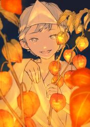 Rule 34 | 1boy, chinese lantern (plant), commentary request, ghost costume, grey eyes, grey hair, halloween, highres, japanese clothes, kanai (nai nai), kimono, looking at viewer, male focus, night, night sky, open mouth, original, outdoors, sky, smile, solo, triangular headpiece, upper body, white kimono