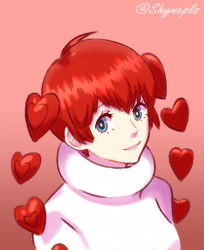 Rule 34 | 1girl, absurdres, ahoge, blue eyes, bright pupils, gradient background, happy, heart, highres, hood, hood down, hoodie, light smile, long sleeves, persona, persona 5, persona 5 scramble: the phantom strikers, red background, red hair, resolution mismatch, shynepls 06, simple background, smile, solo focus, sophia (p5s), source smaller, twintails, white hoodie, white pupils