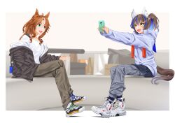 Rule 34 | 2girls, absurdres, alternate costume, animal ears, black jacket, blue hoodie, blue jacket, brown hair, cellphone, crossed legs, daitaku helios (umamusume), dated, ear covers, fang, full body, green eyes, hair ornament, hairclip, hand in pocket, high tops, highres, hood, hoodie, horse ears, horse girl, horse tail, jacket, long sleeves, mejiro palmer (umamusume), multicolored hair, multiple girls, nike (company), off shoulder, open mouth, outstretched arms, phone, product placement, selfie, shirt, shoes, side ponytail, signature, silenxe, sitting, smile, sneakers, streaked hair, tail, umamusume, white footwear, white shirt, yellow eyes
