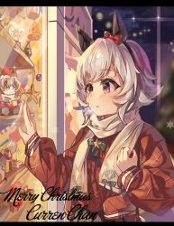 Rule 34 | 1girl, :o, animal ears, bag, carrying, character name, chinese commentary, christmas, commentary, curren chan (umamusume), cursive, doll, ear covers, english commentary, english text, grey hair, handbag, highres, horse ears, horse girl, jacket, letterboxed, long sleeves, looking to the side, merry christmas, mixed-language commentary, night, outdoors, parted lips, purple eyes, red jacket, scarf, short hair, solo, sparkle, umamusume, white scarf, window, yanwei lava