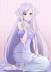 Rule 34 | 1girl, absurdres, bare shoulders, barefoot sandals (jewelry), breasts, clothing cutout, commentary, dress, hand up, highres, jimmytwo1019, large breasts, long hair, looking at viewer, purple dress, purple eyes, purple hair, quinella, shoulder cutout, sitting, smile, solo, sword art online, sword art online: alicization, very long hair