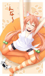 Rule 34 | 1girl, ahoge, animal ear fluff, animal ears, arms up, asymmetrical legwear, bike shorts, black choker, black shorts, cat ears, choker, closed eyes, commentary request, controller, dualshock, fangs, from above, game controller, gamepad, hair bobbles, hair ornament, highres, hinata channel, long hair, low twintails, mismatched legwear, nekomiya hinata, no bra, open mouth, orange thighhighs, paw print, paw print background, pink hair, playstation controller, potsunen, shirt, shorts, sitting, sleeveless, solo, striped clothes, striped thighhighs, tank top, thighhighs, twintails, virtual youtuber, white shirt