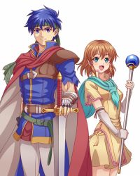 Rule 34 | &gt;:), 1boy, 1girl, :d, aqua eyes, arm at side, artist request, belt, blue eyes, blue hair, blush, breasts, brother and sister, brown hair, cape, cloak, dress, elbow gloves, fingerless gloves, fire emblem, fire emblem: path of radiance, gauntlets, gloves, green headband, grey gloves, hair tubes, hand up, happy, headband, holding, holding staff, holding sword, holding weapon, ike (fire emblem), looking at viewer, matching hair/eyes, mist (fire emblem), neck, nintendo, open mouth, short dress, short hair, short sleeves, siblings, simple background, small breasts, smile, staff, standing, sword, torn clothes, torn sleeves, weapon, white background, yellow dress